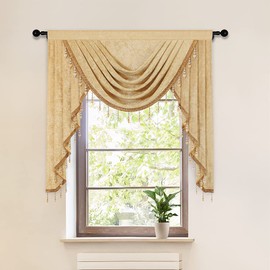 ELKCA Thick Chenille Window Curtains Valance for Living Room Gold Swag Valance with Beads for Bedroom,Rod Pocket (W39inch,1 Panel)