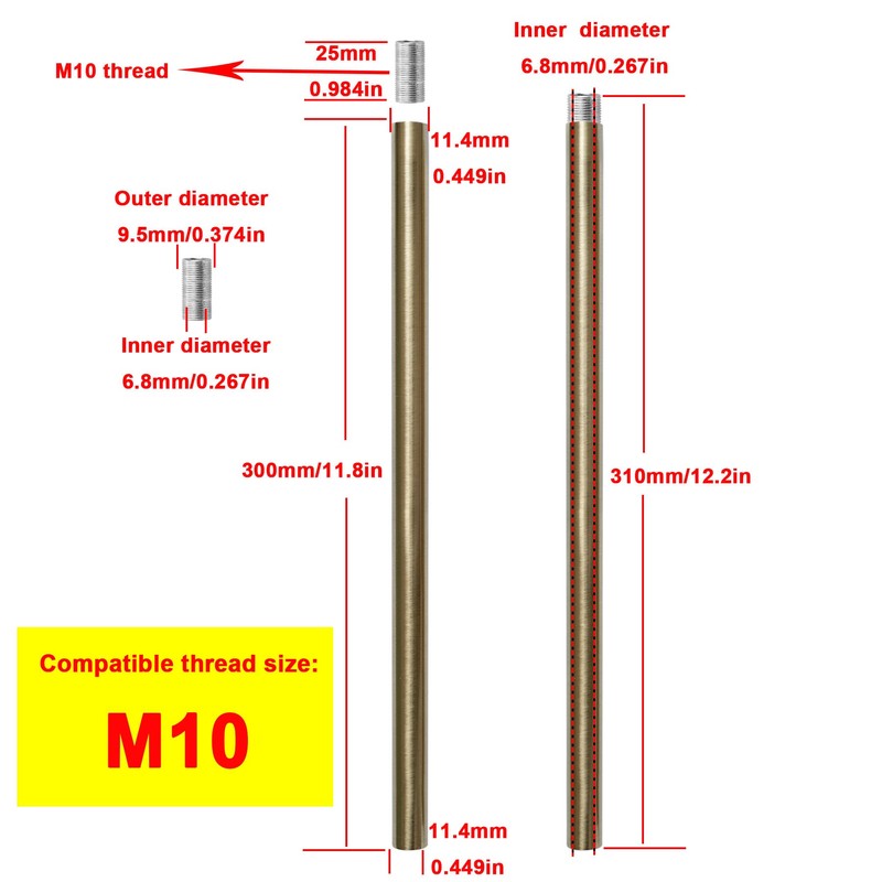 HALIGATE Polished Brass M10 Threaded Extension Rod for Pendant Light,
