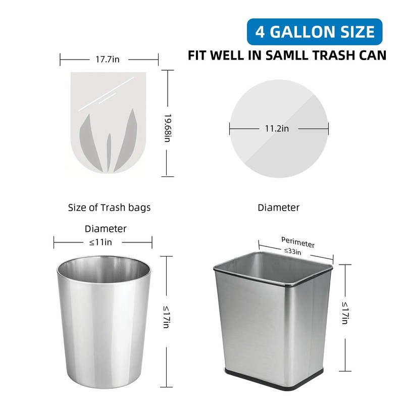 4 Gallon Clear Trash-Bag Small Garbage-Bags-Bathroom - Unscented Kitchen Plastic