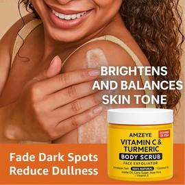 Vitamin C & Turmeric Body Scrub, Natural Face Exfoliator, Himalayan Salt with Coconut Oil, Jojoba Oil, Aloe Vera, Vitamin E, Cane Sugar