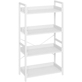 Rolanstar Bookshelf 4 Tier with 4 Hooks, Industrial Bookcase, Vintage Storage Rack with Open Shelves, Rustic Standing Bookshelves Metal Frame Display Rack for Living Room, Bedroom, White
