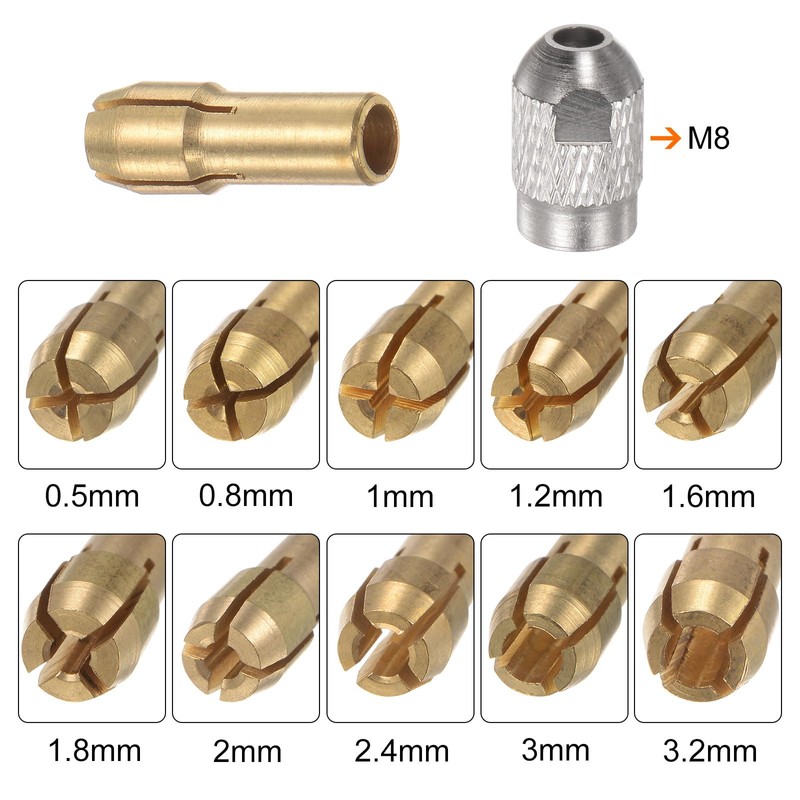 sourcing map 11pcs Brass Collet 0.5-3.2mm M8 Brass Drill Chucks