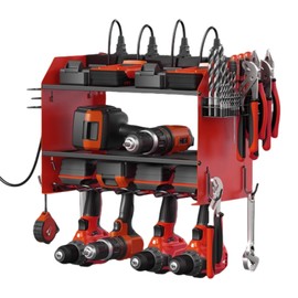 XLRPAT Power Tool Storage Rack, Garage Wall Mount Tool Rack, 4 Drill Bit Holders with Hooks, Screwdriver, Drill Bit Heavy Duty Holder, Tool Battery Holder, Built-in 8-Outlet Power Strip