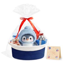 Yeeeasy Small Woven Basket with Gift Bags and Ribbons Cute Baskets for Gifts Empty 12"x8"x5" Small Rope Toy Basket for Babies Baskets for Storage, White & Navy Blue