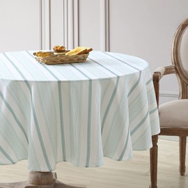 Laura Ashley Decorative Tablecloth, Wrinkle and Stain Resistant, Spillproof Water Repellent, Easy Care Washable Polyester Fabric for Dining, Kitchen, Holiday and Party, 70" Round, Teal Stripe