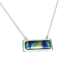 Dichroic Abstract on Green Tint Transparent Fused Glass Bar Necklace