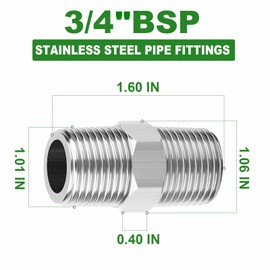 TAISHER 2PCS 304 Stainless Steel New Hex Nipple, 3/4" BSP Male x 3/4" BSP Male, Pipe Adapter Fitting