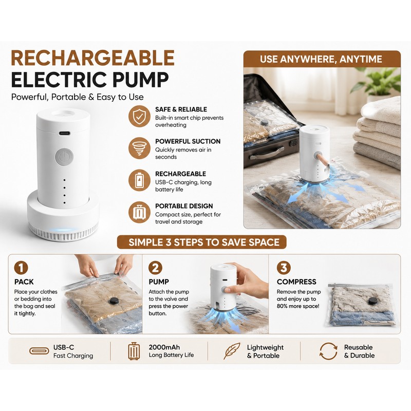 15 Pack Travel Vacuum Storage Bags with Rechargeable Electric Pump,