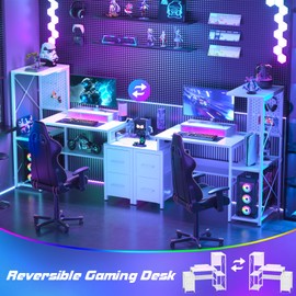 Small Gaming Desk with 2 Fabric Drawers - Reversible Computer Desk with Power Outlet & LED Lights, 49" Office Desk with Monitor Stand & Storage Shelves, Writing Study Table with Pegboard, White