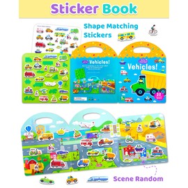 Benresive Jelly Reusable Sticker Books for Kids 2-4, Fun Sticker Books for Toddlers 1-3, Toddler Sticker Book Age 2-4, 32 Pcs Cute Waterproof Stickers for Teens Girls Boys - Vehicles Sticker Book