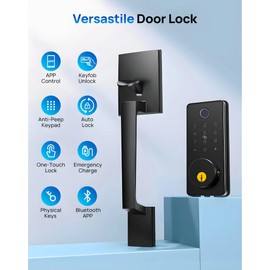 Smart Keyless Entry Door Lock Set w/Front Door Handle, 0.1s Fingerprint Biometric Unlock, Auto Lock, APP Remote/Passcodes/Cards Control, Keypad Deadbolt, Easy Install for Entry Bedroom