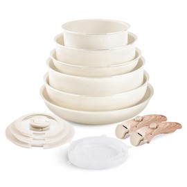 Nonstick Cookware Set - YIIFEEO Stackable Pots and Pans Set Detachable Handle Camping Cookware Granite Kitchen Cookware Sets Removable Handle, Non Toxic Nonstick Frying Pans for Cooking Set Gift Beige