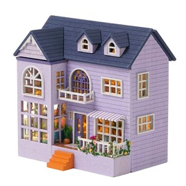 CUTEROOM DIY Miniature House Dollhouse Kit Dollhouse Miniature with Furniture and LED Light Miniature House Model Kit for Girls and Boys Children (Happy House)
