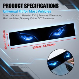 Cat Eye Car Window Sticker, 51.81" x 7.87" Creative Sun Visor Decor Decal, Waterproof Self-Adhesive Windshield Ornament Sticker for Vehicle Front & Rear Glass (Blue)