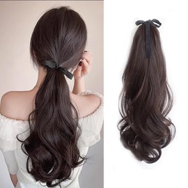 HAPVITAL Ponytail Point Wig, Ponytail Wig, Natural, Small Facial Effect, Synthetic Hair, Fluffy Curly Hair Wig Wave, Natural, Long Hair One Touch, Women's Fashion (Tanish Black, 17.7 inches (45 cm)