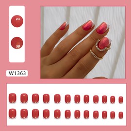 OHWODA French Tip Press on Nails Short Aurora Red Fake Nails Square Shape False Nails Tips White Cute Summer Glue on Nails Short Stick on Nails 24Pcs (Aurora Red)