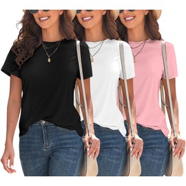 KevaMolly 3 Piece Basic Black White Pink T Shirts for Women 2025 UPF 50+ Short Sleeve Casual Summer Tops Solid Loose Fit Tshirt S