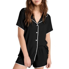 Ekouaer Pajamas Set for Women Classic Short Sleeve PJ Sets Button Down Lounge Sets Comfy Sleepwear Black L