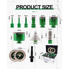 Tile Hole Saw Kit 12pcs- KURSTOL Diamond Core Drill Bits 6/8/10/20/35/50/65MM+4/5'' Finger Bit+2'' Chamfer Bit+2pcs 4-1/2'' Cutting & Grinding Disc+Adapter for Tile Porcelain Ceramic Granite Marble
