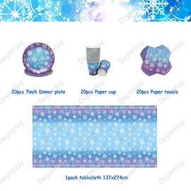 Doyomtoy Snow Party Tableware, Pack of 61 Party Tableware for Snowflakes, Birthday Decoration, Winter Wonderland Party Supplies, Tableware for New Year, Celebration, Birthday, Picnic, Wedding