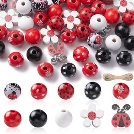 QIUMING Pack of 50 Wooden Lucky Beetles Ladybird Wooden Ornaments for Crafts Small Ladybirds with Hole Ladybird Lucky Charm for DIY Craft Party Decoration (Ladybird)