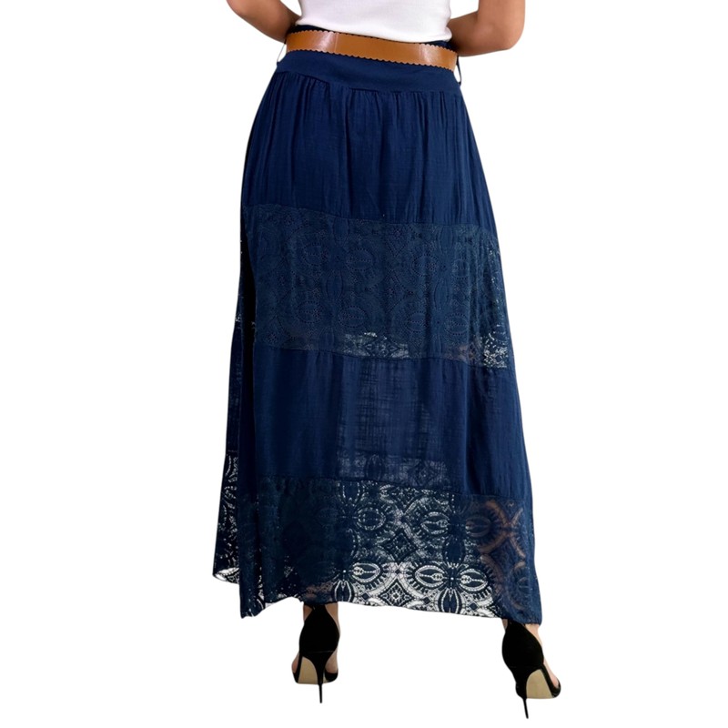 Mississhop Langer Baumwollrock mit Spitze & Gürtel 3094 Dunkelblau
