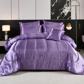 Satin Comforter with Purple Sheet Set King Size 8 Pcs Silk Like Bedding Silky Bed-in-a-Bag Luxury Hotel Soft Comforter Set with 1 Cushion Cover Bed Set