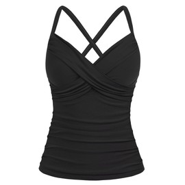 Hilor Women's Underwire Tankini Top Swimwear Twist V Neck Swimsuits Tummy Control Crossback Bathing Suits Top Only, Black, 10