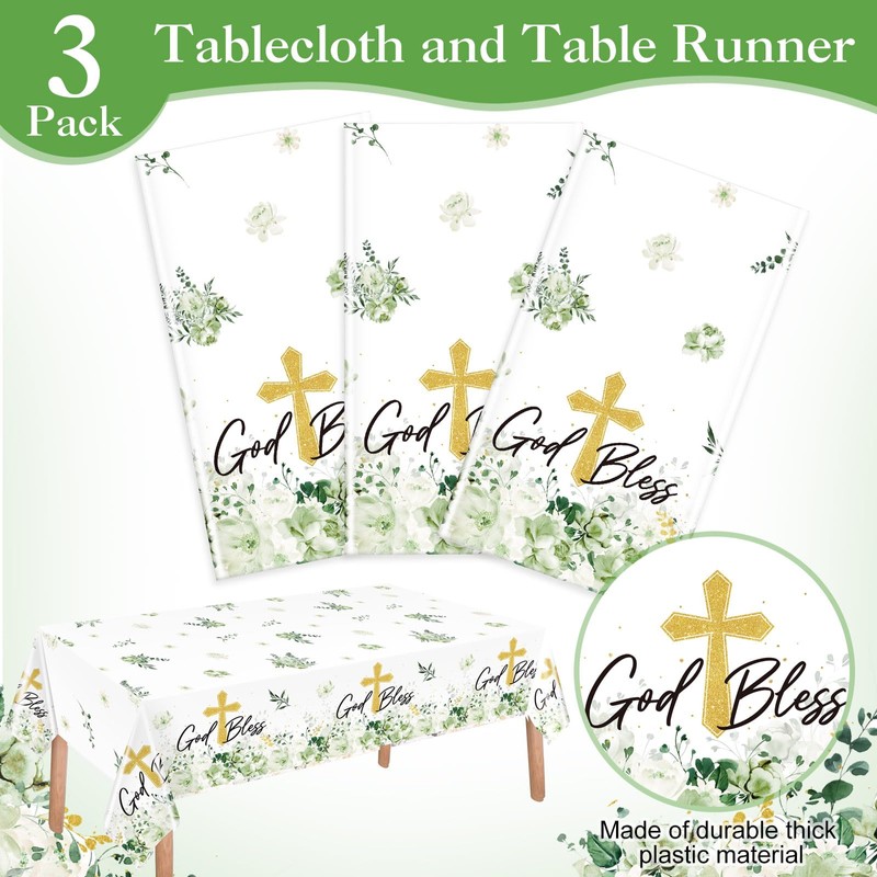 Ganeen 3 Pcs Green God Bless Baptism Tablecloth Disposable Plastic