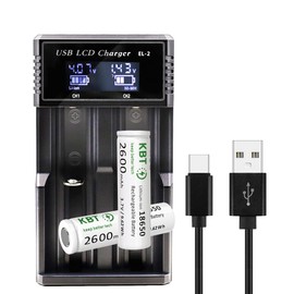 KBT 3.7V Li-ion/1.2V Ni-MH Battery Charger with 2Pack 3.7V 2600mAh Battery, Voltage&Current LCD Screen Display, Smart Charger for 14500 18350 18500 18650 21700 26650, 1.2V Ni-MH AA AAA C Batteries
