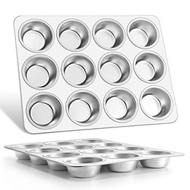 Muffin Pan 12-Cup, Set of 2, E-far Stainless Steel Cupcake Pan Metal Muffin Baking Tins for Oven, Regular Size & Easy Clean, Non-toxic & Dishwasher Safe-2 Pack