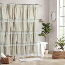 Homechoice Decor Handmade Ruffle Shower Curtain with Scalloped Lace Trim & Attached Valance, 72" x 72" Soft Microfiber Shower Curtains for Bathroom, Easy to Install and Machine Washable, Camel