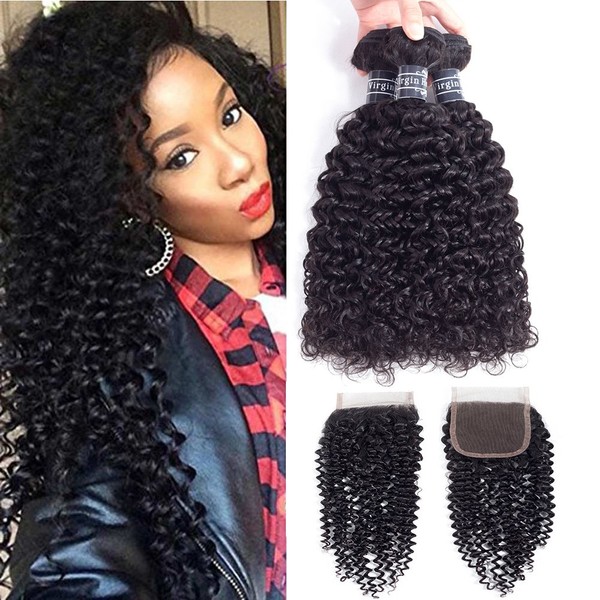 Amella Hair Brazilian Virgin Curly Hair Weave 3 Bundles with Lace Closure Free Part 4x4 8A 100% Unprocessed Brazilian Kinky Curly Hair Weave Bundles Natural Black Color (16 18 20+14inch)