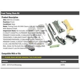 Marketplace Auto Parts Front Timing Chain Kit with Gears - Compatible with 2005-2010 Ford Mustang 4.0L V6 SOHC with Balance Shaft