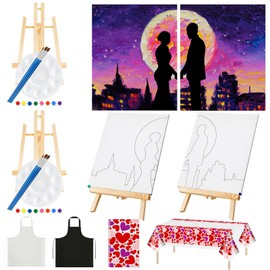 Yeaqee 13 Pcs Sip and Paint Kit for Adults Stretch Canvas Date Night Valentines Painting Kit Supplies Art Painting Set Outline Design Blank Stretch Canvas for Couple Party(Moonlit Couple,8x10)