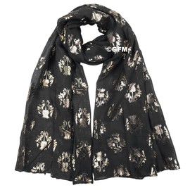 GFM® Scottish Thistle Flower Metallic Foil Print Scarf - Spring Summer - - Black - (FS-18B-A-ST-KL)