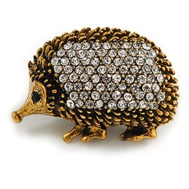 Vintage Inspired Crystal Hedgehog Brooch In Aged Gold Tone Metal - 35mm Across
