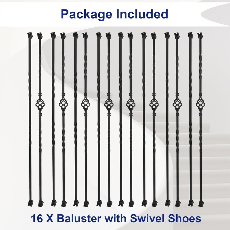 Sidasu 16-Pack Wrought Iron Balusters for Staircase, Hollow Single Basket