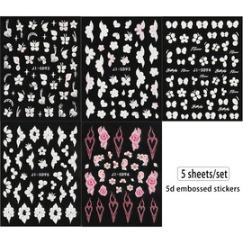 Fcozpjk 5D Embossed White Flowers Nail Stickers, 5 Sheets Self-Adhesive Flowers Nail Decals, Spring Floral Nail Art, Rose Butterfly Stickers for Nail Art, 3D Acrylic Flowers for Nails, Manicure Decor