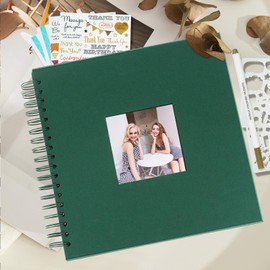 Miaikoe 20.5x20.5 cm DIY Scrapbook Album with Window Hardcover Kraft Blank Paper Scrap Book with 20 Sheets Photo Album for Guest Book, Family Wedding Anniversary (Dark Green)
