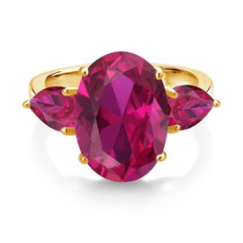Gem Stone King 18K Yellow Gold Plated Silver Red Created Ruby Ring For Women (5.00 Cttw, 14X10MM Oval and 7X5MM Pear Shape, Gemstone July Birthstone, Available In Size 5, 6, 7, 8, 9)