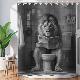 JAWO Funny Shower Curtain Farmhouse Cool Lion Shower Curtains for Bathroom Grey Humor Animal Reading on Toilet Curtains, Western Country Large Cat Bathroom Curtain Polyester Fabric Set Hooks 72X72