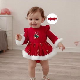 ZAXARRA Newborn Baby Girl Christmas Romper Dress Plush Patchwork Long Sleeve Jumpsuit Cute Santa Hat Toddler Holiday Clothes (Red, 9-12 Months)