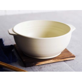 Ebros Made In Japan Modern Chic Japanese Family Cooking Style Donabe Ceramic Stovetop Direct Flame Hot Pot Bowl Casserole With Side Handles And Wooden Coaster Trivet Base 32 OZ (Cream White)
