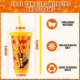 Sweetude 12 Pcs Movie Night Cups Movie Night Party Supplies Favors Movie 24oz Cups with Lid and Straw Disposable Plastic Cups for Movie Party Decorations Birthday Party Favors