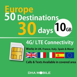 Europe SIM Card 30 Days 10GB | Free Calls & Texts | Works in 50 Destinations (UK, France, Italy, Spain & More) | 3-in-1 | No Activation