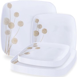 Blue Sky Dandelion Square Plates Gold & White Plastic - 7.25" & 10" Combo Pack, 32 Count | Disposable Dinnerware, Elegant Design Perfect for Parties and Events