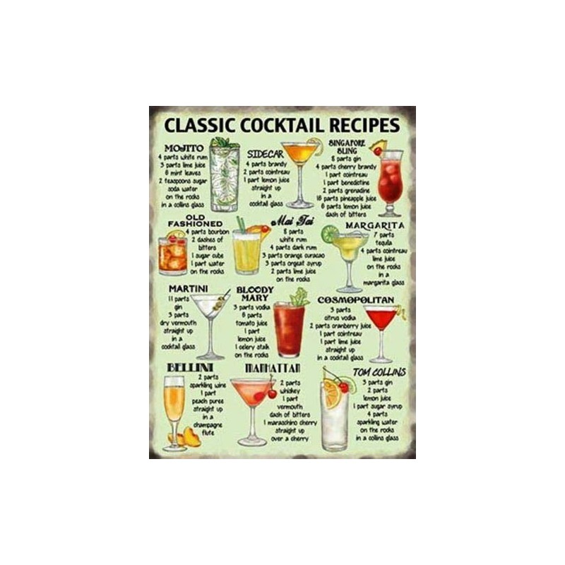 Classic Cocktail Recipes - Kitchen Pub, Retro Vintage Metal Tin