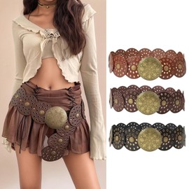 Tocizhka Western Leather Belts for Women Vintage Boho Cowgirl Belt with Concho Wide Disc Belt for Dresses Jeans Skirts