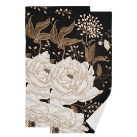 BALMYPAUS 2 Pack Black Gold Flower Hand Towels Soft Absorbent Rustic Beige Penoy Floral Botanical Leave Bathroom Decor 14"x28" Vintage Guest Face Bath Towels,Decorative Towels for Bathroom,Kitchen